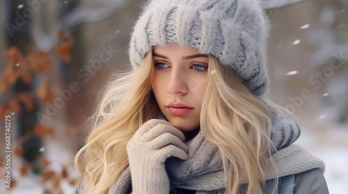 Beautiful girl in a knitted hat, winter background. Generation AI