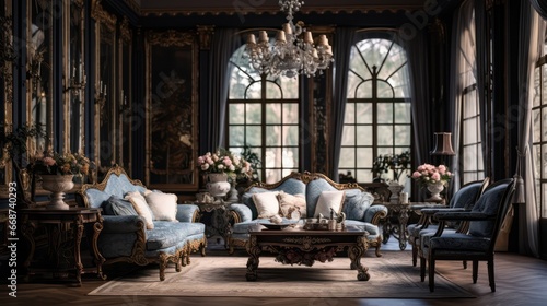 Interior design for a house that marries industrial aesthetics with classic and sumptuous furniture, resulting in an elegant and refined ambiance, complete with classic sofas, tables, windows, and oth photo