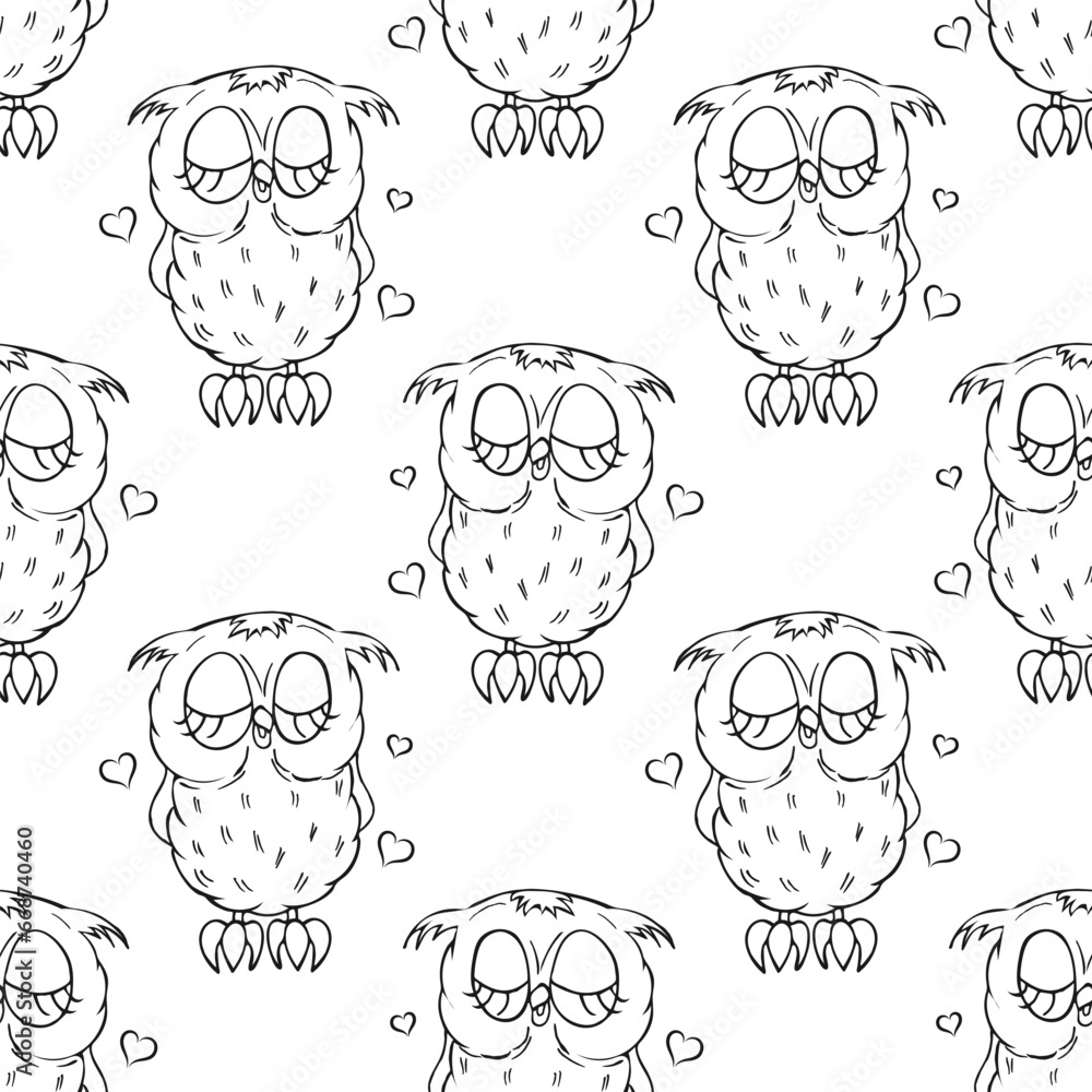 Obraz premium Seamless pattern, cute owl character, owl chick. Outline drawing, sketch. Black and white print, background, textile. Vector