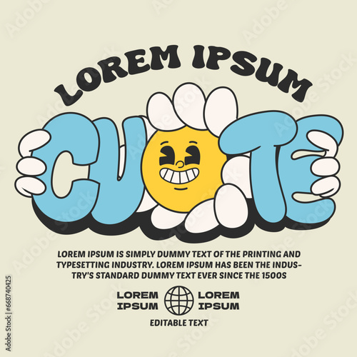 daisy flower groovy character 90s design illustration with slogan, retro cartoon character