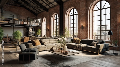 A fusion of industrial and classic interior design in a home  incorporating luxurious and classic furniture to create an elegant and graceful atmosphere  including classic sofas  tables  windows  and 