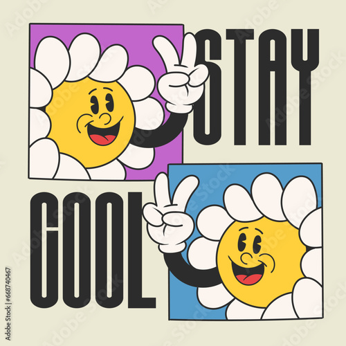 daisy flower groovy character 90s design illustration with slogan, retro cartoon character
