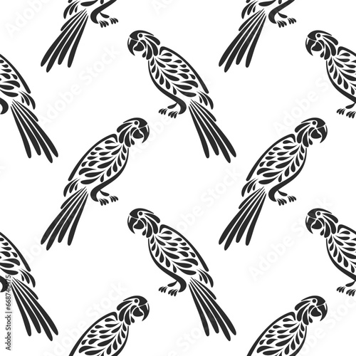 Seamless pattern, stylized tropical birds parrots on a white background. Black and white print, background, textile. Vector