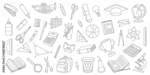 School accessories outline set. Back to school. Graduation cap, trophy, diploma, notebook, microscope, pencil, paper clip, eraser, schoolbag, globe.