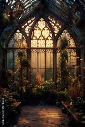 fairy tale and magic medieval greenhouse with big window