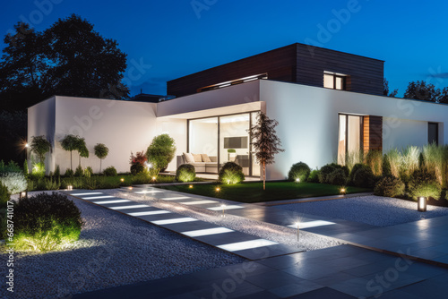 Modern house with garden at night. Green garden on left. Modern open space architecture of house and front lawn.