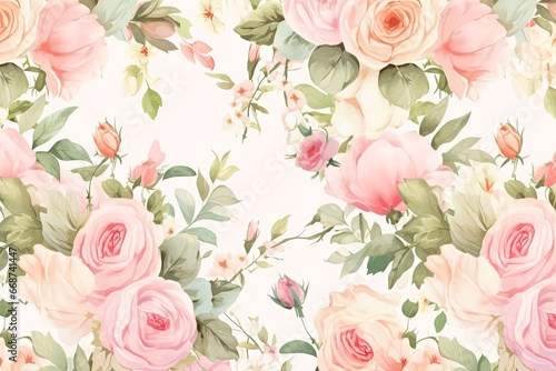 Watercolor Beauty Pink Rose Pattern Background. Wedding Backdrop. Valentine's Day Banner. Illustration © Wasin