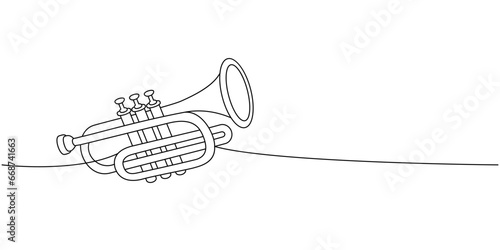 Tuba, trumpet one line continuous drawing. Musical instruments continuous one line illustration. Vector minimalist linear illustration.
