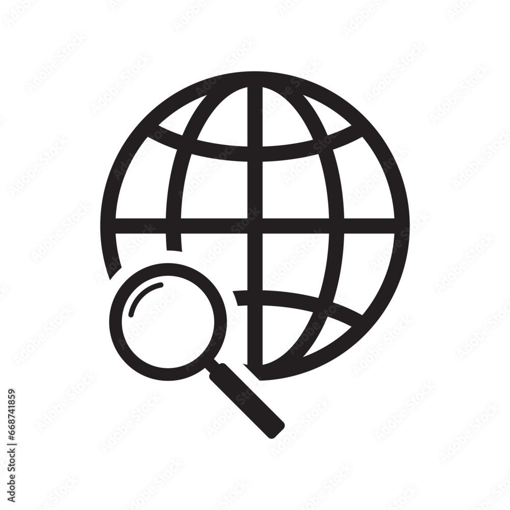 Magnifier and globe icon, search for a place on a map or on the globe icon. The icon of the magnifying glass and planet Earth. Magnifier and globe icon, search for a place on a map or on the globe icon. The icon of the magnifying glass and planet Earth.