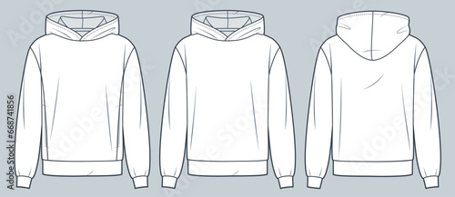 Hooded Sweatshirt technical fashion illustration. Unisex Hoodie fashion flat technical drawing template, long sleeve, pockets, front and back view, white, women, men, unisex CAD mockup set.