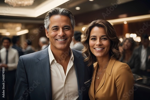 Middle aged couple posing for the camera, smiling, man and a woman, successful business couple posing for the camera, rich man, rich woman, older couple photo