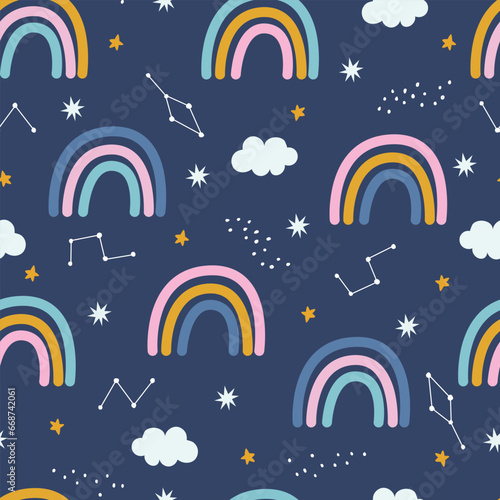 Seamless baby pattern rainbow with clouds On navy blue background, hand drawn, designed in a cartoon style. Used for prints, decorative wallpaper, baby clothes motifs, textiles Vector Illustration