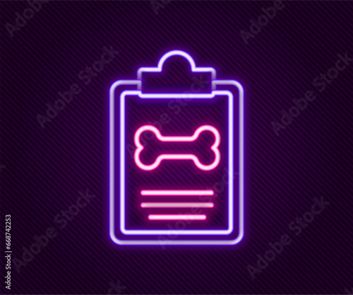 Glowing neon line Clipboard with medical clinical record pet icon isolated on black background. Health insurance form. Medical check marks report. Colorful outline concept. Vector