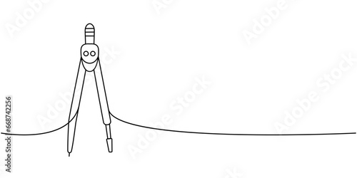 Compass divider, distance measuring instrument, school supplies one line continuous drawing. Back to school continuous one line illustration.