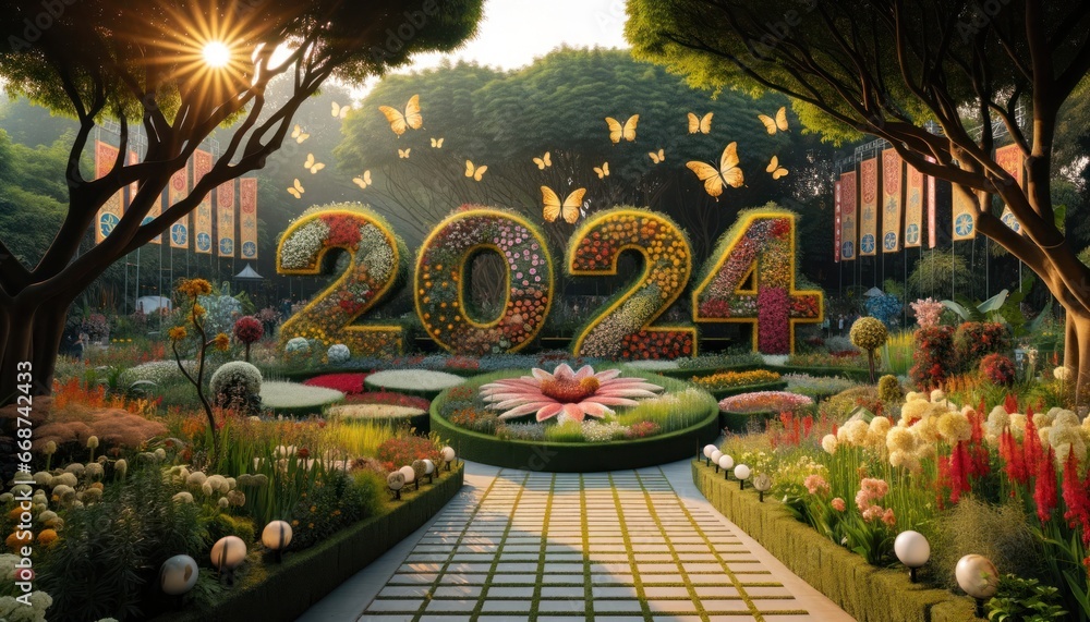 In 2024, a garden bursting with vibrant flowers and fluttering butterflies beckons with signs of new life and a wild celebration of nature, as a number of colorful trees and plants outdoor landscape