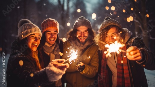 A group of friends are celebrating, lighting sparklers, fun, happiness, smiles. Generation AI