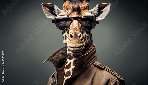 Giraffe als Chef mit Mantel lustige skurrile Tiere Charakter chefposition Vorgesetzter Vorstand Kommunikation Stärke beweisen Vorstellungsgespräch Generative AI  photo