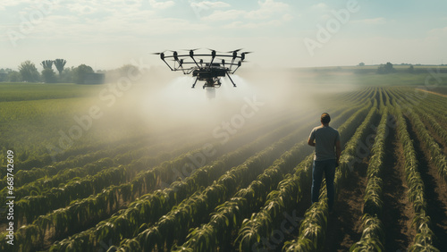 The sight of pesticides being sprayed by drones on a vast corn field.