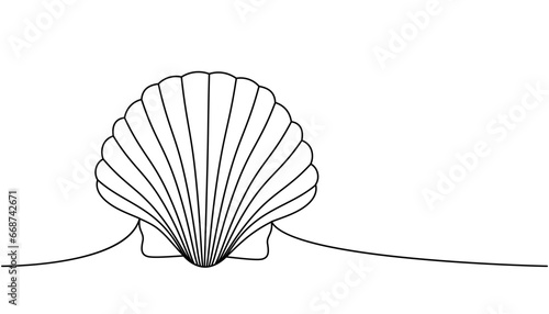 Scallop sea shell one line continuous drawing. Tropical underwater shell continuous one line illustration. Vector minimalist linear illustration.