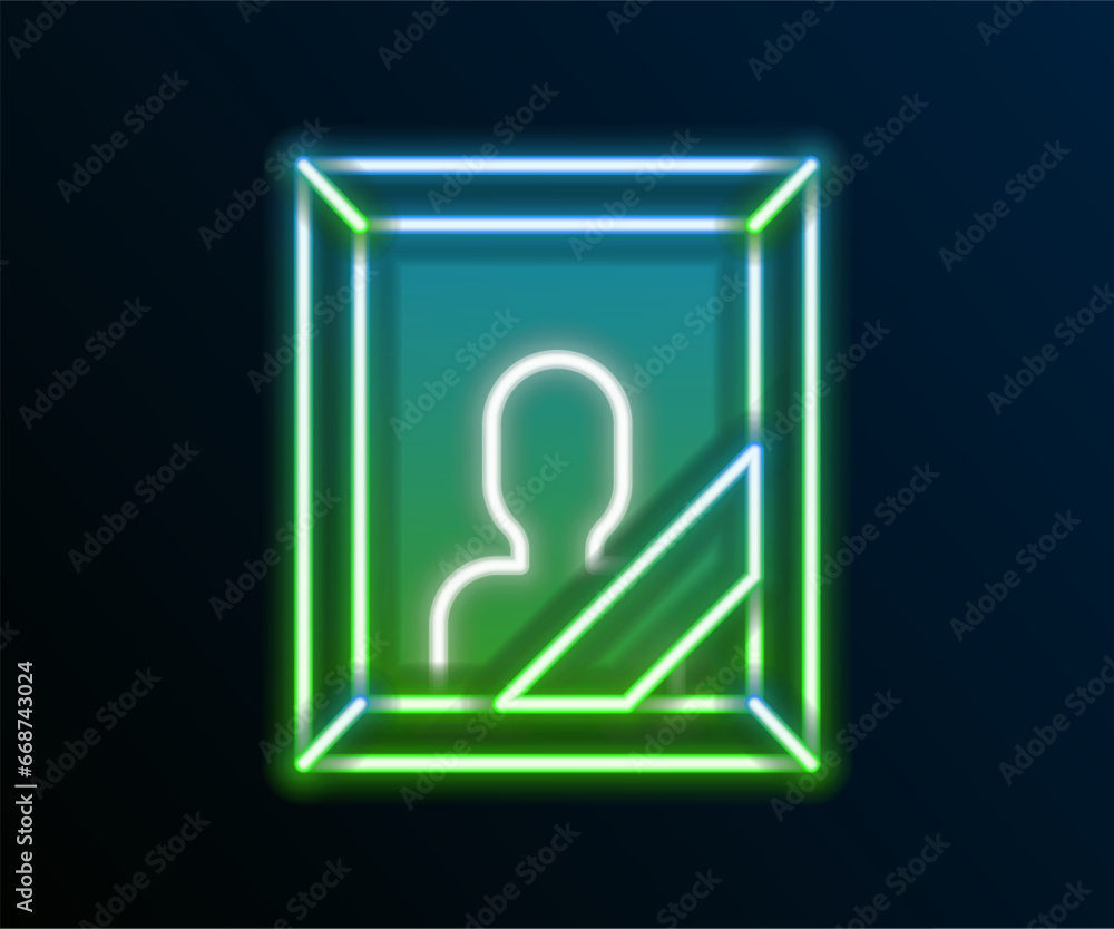 Glowing neon line Mourning photo frame with black ribbon icon isolated on black background. Funeral ceremony and condolence card layout. Colorful outline concept. Vector Glowing neon line Mourning photo frame with black ribbon icon isolated on black background. Funeral ceremony and condolence card layout. Colorful outline concept. Vector