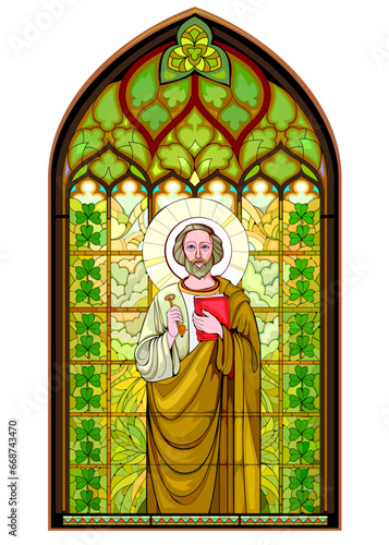 Beautiful colorful medieval stained glass window with holy Apostle Saint Patrick. Gothic architectural style. Christian decoration. Middle ages architecture in Western Europe churches. Vector drawing