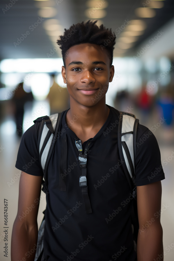 Fototapeta premium Photo of a black teenage boy, wearing a sleevless shirt, at an airport terminal, summer
