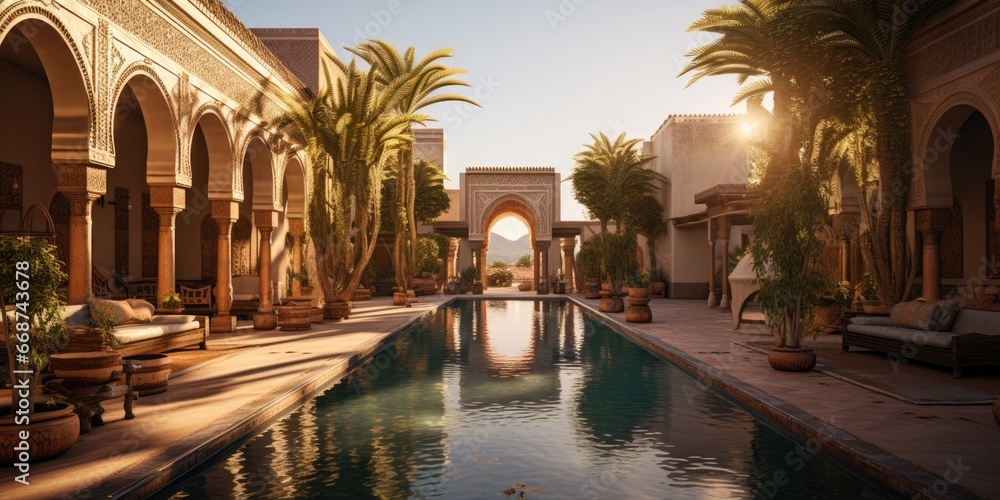 courtyard with central pool, surrounded by arched openings, Generative AI