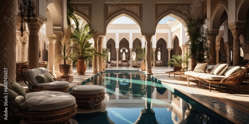 magnificent African riad with pool, modern architecture. Generative AI photo