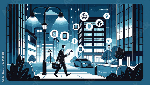 he frame portrays an employee walking away from a corporate building during the evening. He is engrossed in his smartphone, possibly texting or checking emails.