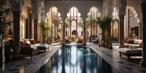 beautiful patio with pool in the riad, Moroccan style. Generative AI photo