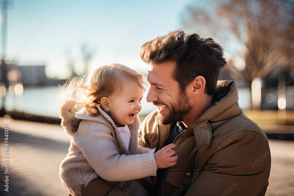 Fototapeta premium happy father and daughter hugging and smiling while spending time together outdoors