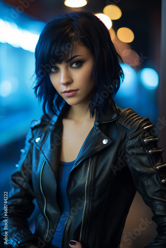 Photo of a teenage girl in a cyberpunk future, short black hair, wearing a blue leather jacket