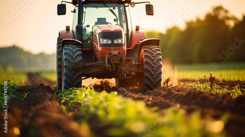 Extreme close up of a tractor tractor working on a plantation at sunset day