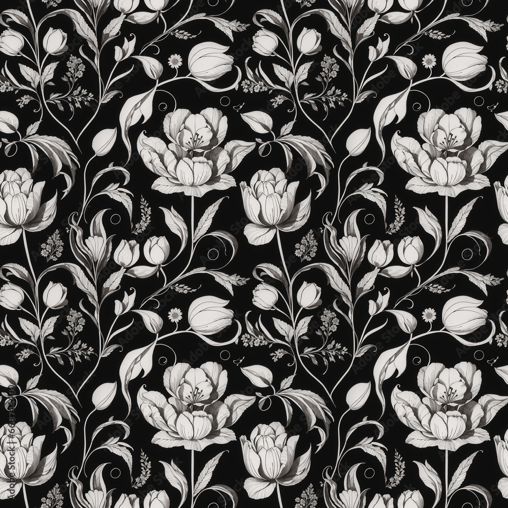 monochrome flower repeat pattern, floral seamless pattern for garment, textile, packaging, wallpaper, curtain, table cloth, wrapping paper etc. generative ai. monochrome flower repeat pattern, floral seamless pattern for garment, textile, packaging, wallpaper, curtain, table cloth, wrapping paper etc. generative ai.