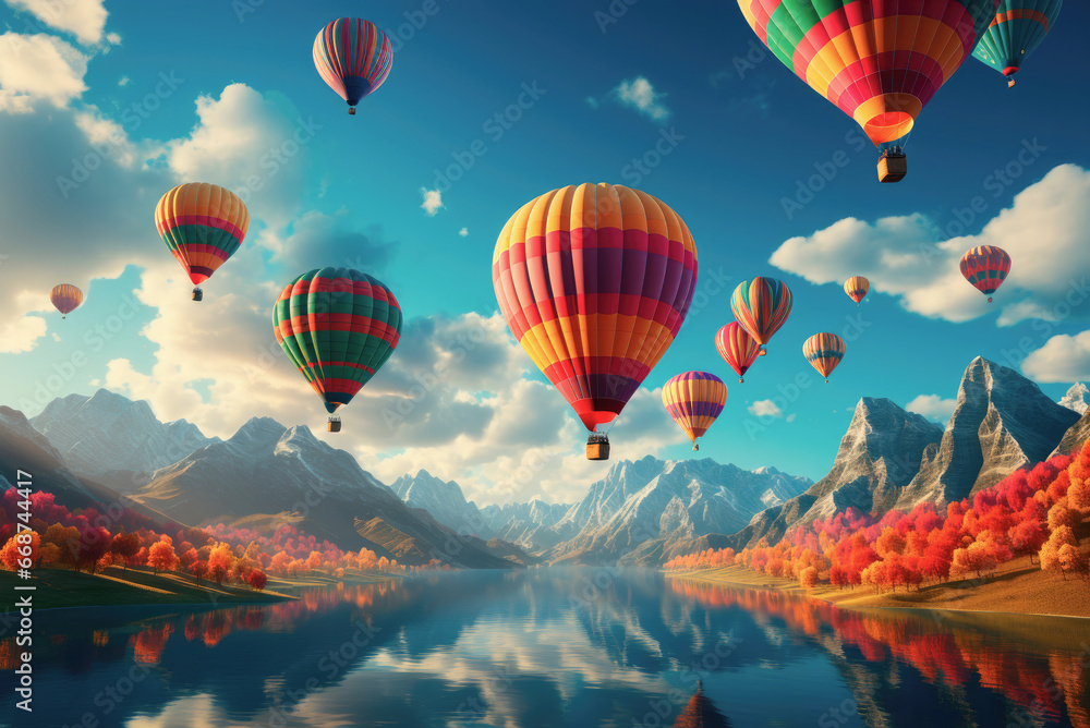 Obraz premium Colorful bright balloons in the sky over the mountains