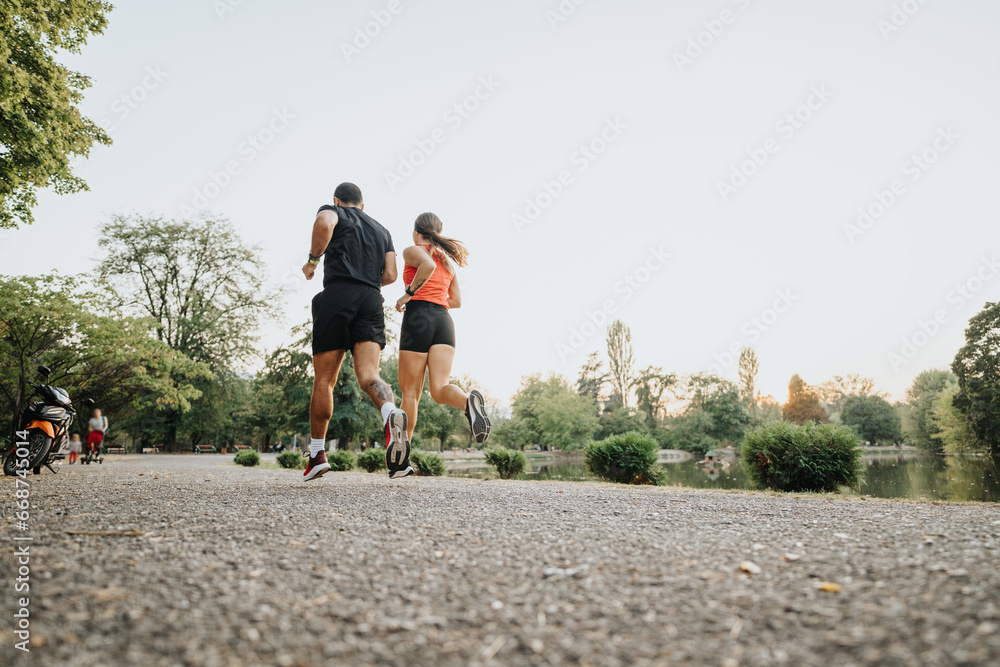 Fototapeta premium Athletic friends train outdoors for healthy lifestyle.