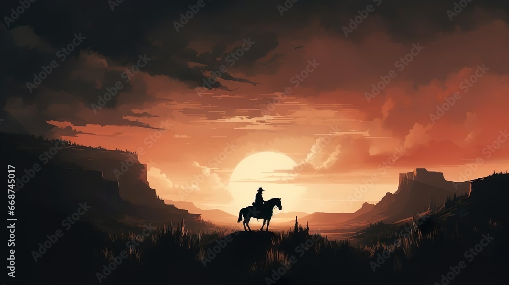 Western landscape with silhouette of a lonely cowboy Western landscape with silhouette of a lonely cowboy