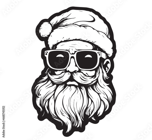 Santa Claus in sunglasses and hat hand drawn sketch New Year illustration Symbols and signs.