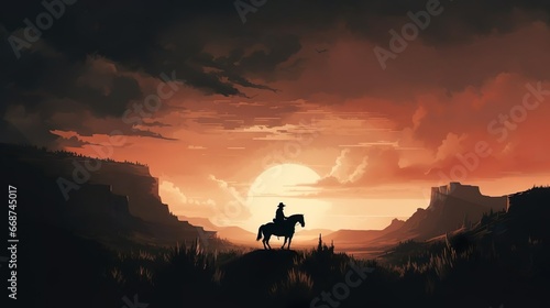 Western landscape with silhouette of a lonely cowboy photo