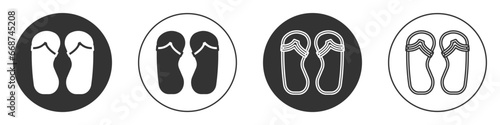 Black Flip flops icon isolated on white background. Beach slippers sign. Circle button. Vector