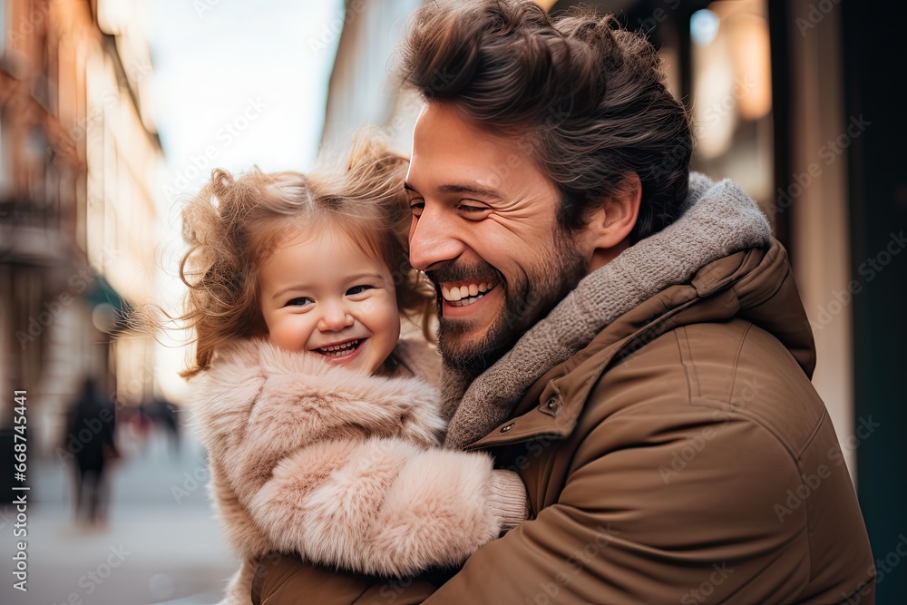 happy father and daughter hugging and smiling while spending time together outdoors happy father and daughter hugging and smiling while spending time together outdoors