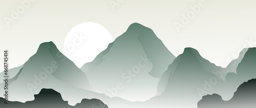 Minimal vector abstract landscape with sun and fog. Mountain background with gradient, in green tones. Vector design for prints, posters, covers, wall art and home decor.
