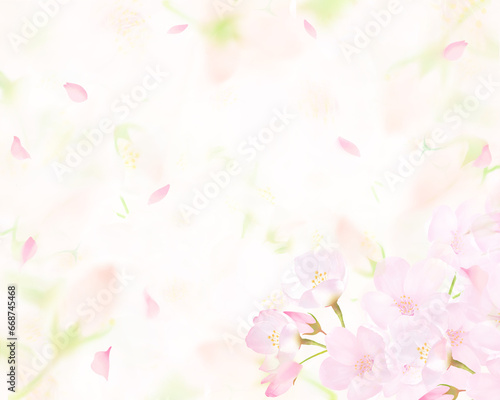 かわいい薄いピンク色の桜の花と花びら春の水彩風フレーム背景素材イラスト