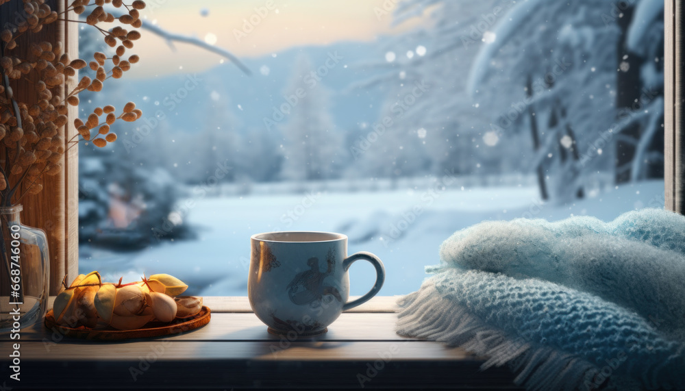 Cup of hot tea or coffee and knitted blanket. Cozy hygge atmosphere at home. Beautiful winter view from the window. Selective focus, bokeh background. - obrazy, fototapety, plakaty 