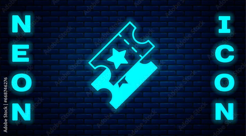 Glowing neon Cinema ticket icon isolated on brick wall background. Vector Glowing neon Cinema ticket icon isolated on brick wall background. Vector