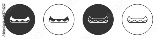 Black Kayak and paddle icon isolated on white background. Kayak and canoe for fishing and tourism. Outdoor activities. Circle button. Vector