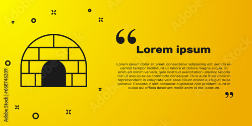 Black Igloo ice house icon isolated on yellow background. Snow home, Eskimo dome-shaped hut winter shelter, made of blocks. Vector
