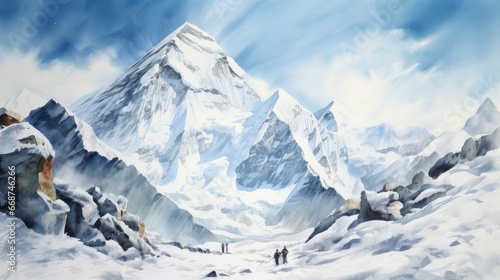 watercolor painting of Mount Everest in China. Large snow mountain
