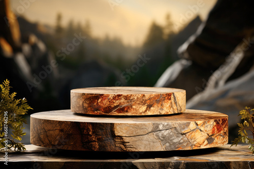 Stone podium for the demonstration of eco-products against the background of a natural mountain landscape photo