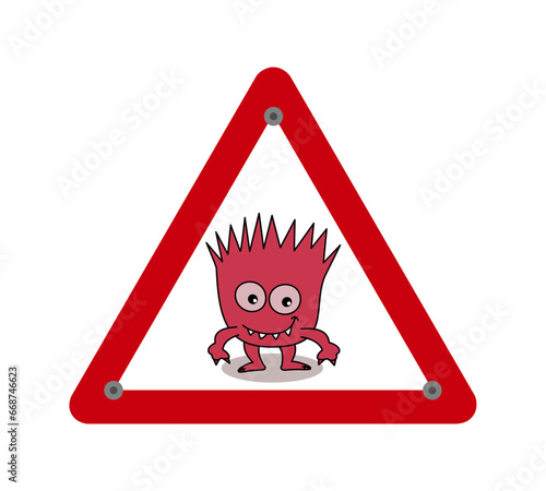 Small smiling red microbe in traffic sign on white background - vector